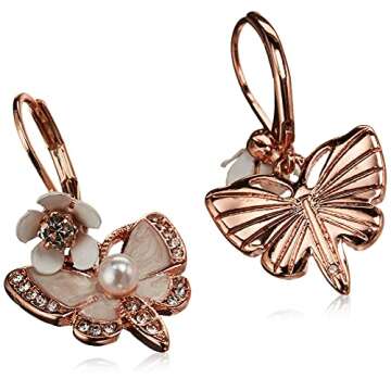 Betsey Johnson Rose Gold Butterfly Drop Earrings with Pearl and Pave Accents
