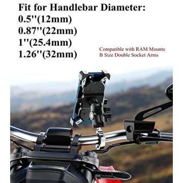 BRCOVAN Aluminum Alloy Handlebar Mount Clamp Base with 1'' TPU Ball for Rail Diameter 0.5'' 0.87'' 1'' 1.26'', Compatible with RAM Mounts B Size 1 Inch Ball Double Socket Arm (Silver)