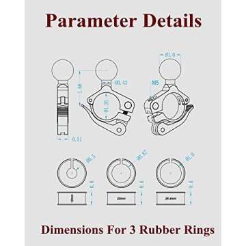 BRCOVAN Aluminum Alloy Handlebar Mount Clamp Base with 1'' TPU Ball for Rail Diameter 0.5'' 0.87'' 1'' 1.26'', Compatible with RAM Mounts B Size 1 Inch Ball Double Socket Arm (Silver)