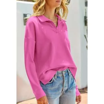 MEROKEETY Women's 2024 Fall Long Sleeve Sweatshirts V Neck Polo Casual Loose Basic Pullover Tops Shirts, HotPink, L