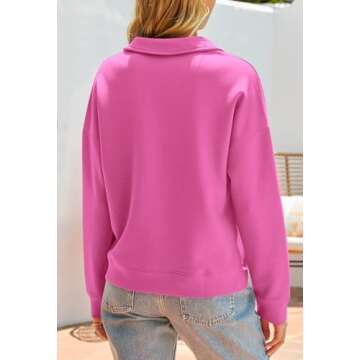 MEROKEETY Women's 2024 Fall Long Sleeve Sweatshirts V Neck Polo Casual Loose Basic Pullover Tops Shirts, HotPink, L