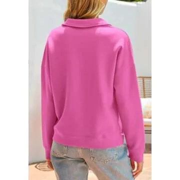 MEROKEETY Women's 2024 Fall Long Sleeve Sweatshirts V Neck Polo Casual Loose Basic Pullover Tops Shirts, HotPink, L