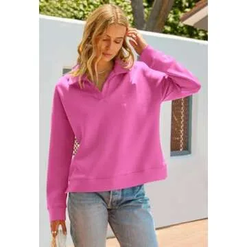 MEROKEETY Women's 2024 Fall Long Sleeve Sweatshirts V Neck Polo Casual Loose Basic Pullover Tops Shirts, HotPink, L