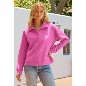 MEROKEETY Women's 2024 Fall Long Sleeve Sweatshirts V Neck Polo Casual Loose Basic Pullover Tops Shirts, HotPink, L