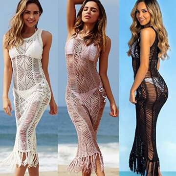 NFASHIONSO Womens Crochet Tassel Beach Wear Cover up Swimwear Bikini Long Maxi Beach Dress Black