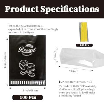 Lesibag 100Pcs 11"x 14" Bottom Gusset Bread Loaf Bags with Ties, Clear Printed Cello Cellophane Bags for Homemade Bread or Bakery
