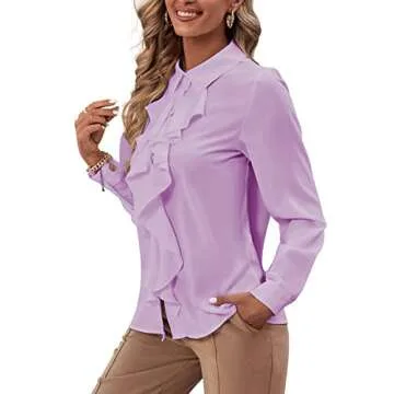 LYANER Women's Collar Neck Button Down Ruffle Front Long Sleeve Blouse Shirt Top Light Purple Medium