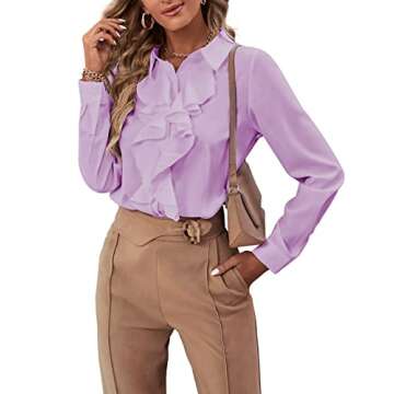 LYANER Women's Collar Neck Button Down Ruffle Front Long Sleeve Blouse Shirt Top Light Purple Medium