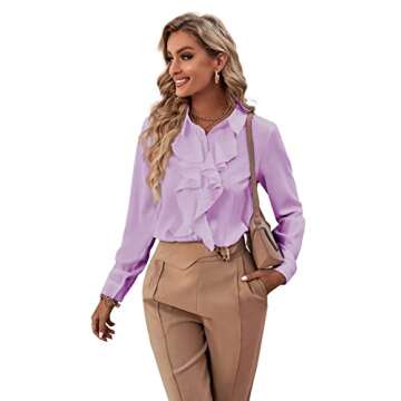 LYANER Women's Collar Neck Button Down Ruffle Front Long Sleeve Blouse Shirt Top Light Purple Medium