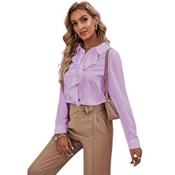 LYANER Women's Collar Neck Button Down Ruffle Front Long Sleeve Blouse Shirt Top Light Purple Medium