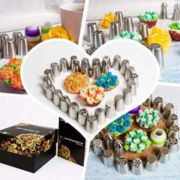 Flower tips for cake decorating - Russian Piping Tips Set 66pcs - Cake piping nozzles - 25 Ball Tips -30 Bags - 6 Silicone cups - 2 Couplers - Booklet - flower icing tips - Baking gifts for women