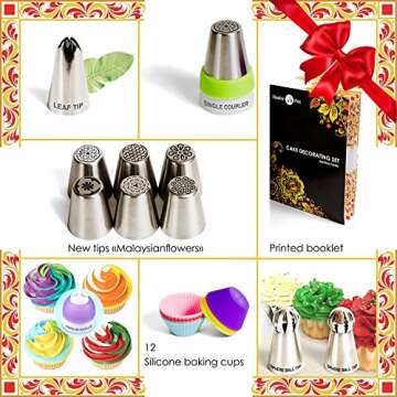 Flower tips for cake decorating - Russian Piping Tips Set 66pcs - Cake piping nozzles - 25 Ball Tips -30 Bags - 6 Silicone cups - 2 Couplers - Booklet - flower icing tips - Baking gifts for women