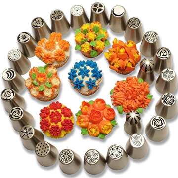 Flower tips for cake decorating - Russian Piping Tips Set 66pcs - Cake piping nozzles - 25 Ball Tips -30 Bags - 6 Silicone cups - 2 Couplers - Booklet - flower icing tips - Baking gifts for women