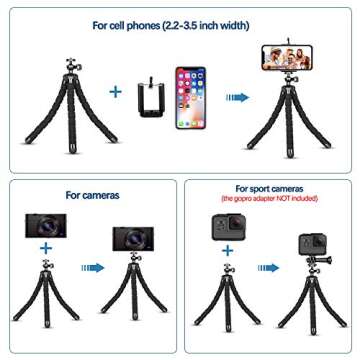 Phone Tripod,Portable and Flexible Adjustable Cell Phone Stand Holder with Remote and Universal Clip for iPhone Android Phone Compact Digital Camera Sports Camera Black