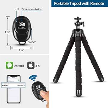 Phone Tripod,Portable and Flexible Adjustable Cell Phone Stand Holder with Remote and Universal Clip for iPhone Android Phone Compact Digital Camera Sports Camera Black