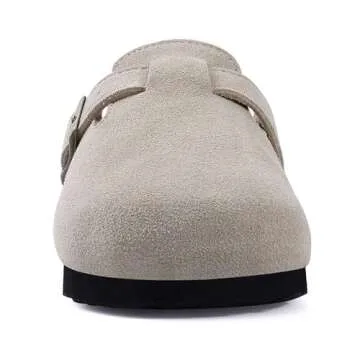 ODOLY Women's Suede Clogs Soft Cork Footbed Leather Mules Comfort Potato Shoes with Arch Support, Light Grey 41