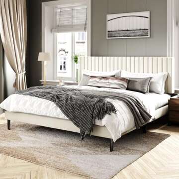 Sismplly King Size Bed Frame with Velvet Upholstered Headboard, Platform Bed with Strong Wood Slats, Mattress Foundation, Box Spring Optional, Easy Assembly, Beige