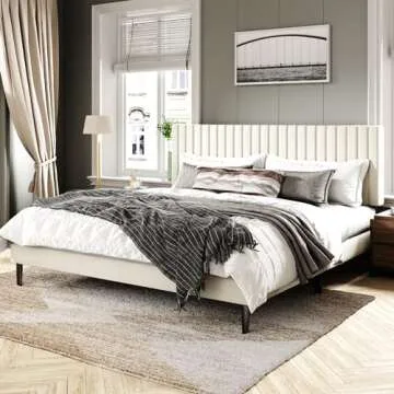 Sismplly King Size Bed Frame with Velvet Upholstered Headboard, Platform Bed with Strong Wood Slats, Mattress Foundation, Box Spring Optional, Easy Assembly, Beige