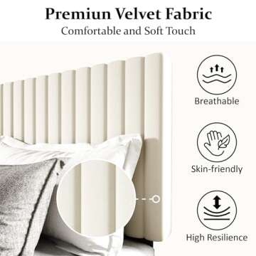 Sismplly King Size Bed Frame with Velvet Upholstered Headboard, Platform Bed with Strong Wood Slats, Mattress Foundation, Box Spring Optional, Easy Assembly, Beige