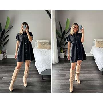 luvamia Women's Casual Summer Babydoll Dress Short Sleeve Button Down Denim Short Shirt Dress Vintag...