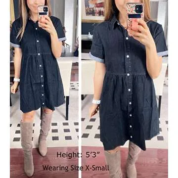 luvamia Women's Casual Summer Babydoll Dress Short Sleeve Button Down Denim Short Shirt Dress Vintage Black Size Medium (Size 8- Size 10)