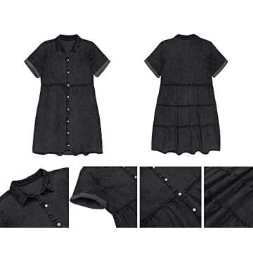 luvamia Women's Casual Summer Babydoll Dress Short Sleeve Button Down Denim Short Shirt Dress Vintage Black Size Medium (Size 8- Size 10)