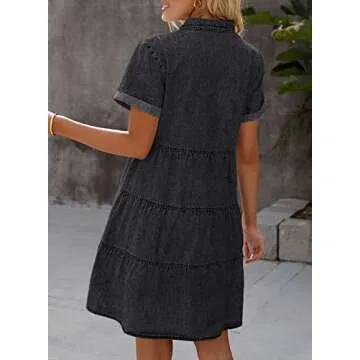 luvamia Women's Casual Summer Babydoll Dress Short Sleeve Button Down Denim Short Shirt Dress Vintage Black Size Medium (Size 8- Size 10)