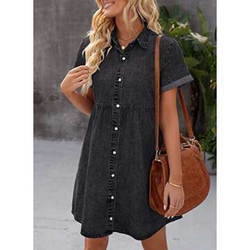luvamia Women's Casual Summer Babydoll Dress Short Sleeve Button Down Denim Short Shirt Dress Vintage Black Size Medium (Size 8- Size 10)