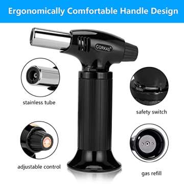 CORKAS Butane Torch, Professional Refillable Butane Torch Lighter, Cooking Torch with Adjustable Flame, Culinary Torch for Kitchen, Desserts, Creme Brulee, BBQ & Baking (Butane Fuel Not Included)