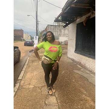 Smile Fish Women Casual Oversized Sexy Lips Print Off Shoulder T-Shirt (US 16/Tag Size 3XL, 002Neon Green)