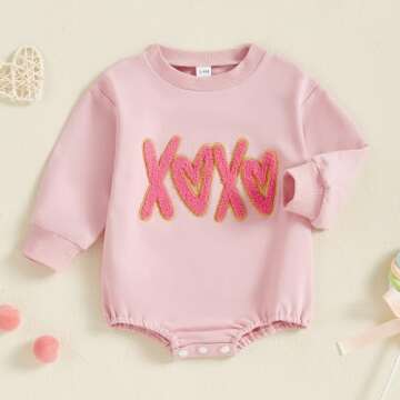FIOMVA Valentines Day Baby Girl Outfit Infant Bubble Romper Newborn First Valentine Outfits Toddler Sweatshirt Clothes (E Embroidery XOXO Pink, 3-6 Months)