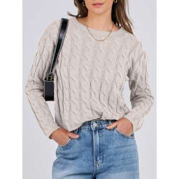 ANRABESS Womens Cable Knit Cropped Sweaters Long Sleeve Crewneck Striped Casual 2025 Spring Fall Pul...