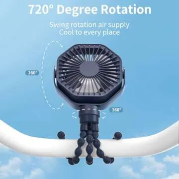 Lerat Portable Stroller Fan with Flexible Tripod, 3 Speeds Rechargeable Handheld Personal Fan, 360°Rotate Battery Operated Clip On Fan for Car Seat Crib Bike Treadmill Blue