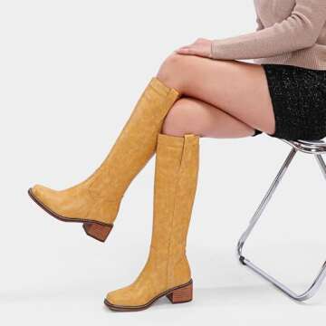 VOMIYALL Banana Women's Knee High Boots Comfortable Chunky Block Heel Long Boots for Women Square Toe Boots Low Heel Womens Boots.