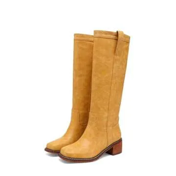 VOMIYALL Banana Women's Knee High Boots Comfortable Chunky Block Heel Long Boots for Women Square Toe Boots Low Heel Womens Boots.