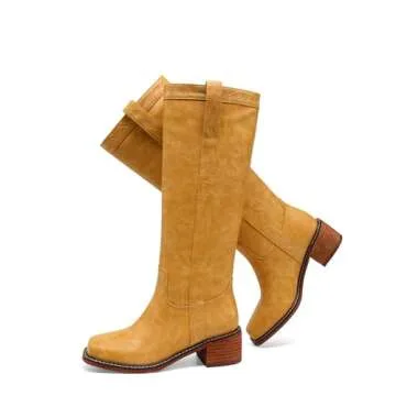 VOMIYALL Banana Women's Knee High Boots Comfortable Chunky Block Heel Long Boots for Women Square Toe Boots Low Heel Womens Boots.