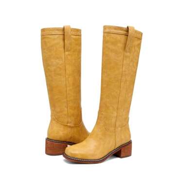 VOMIYALL Banana Women's Knee High Boots Comfortable Chunky Block Heel Long Boots for Women Square Toe Boots Low Heel Womens Boots.