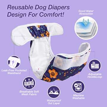 Pet Soft Washable Female Diapers (3 Pack) – Female Dog Diapers, Comfort Reusable Doggy Diapers for...