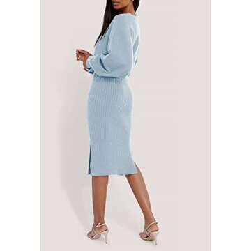 Pink Queen Women's 2 Piece Outfit Set Crop Sweater Top High Waist Ribbed Knit Slit Midi Party Skirt Dress Light Blue L