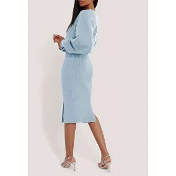 Pink Queen Women's 2 Piece Outfit Set Crop Sweater Top High Waist Ribbed Knit Slit Midi Party Skirt Dress Light Blue L