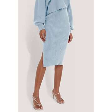 Pink Queen Women's 2 Piece Outfit Set Crop Sweater Top High Waist Ribbed Knit Slit Midi Party Skirt Dress Light Blue L