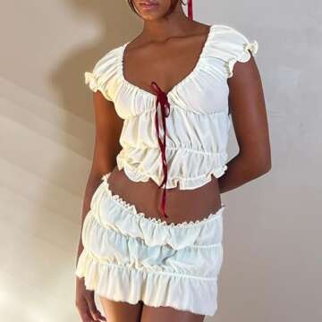 Argeousgor Women 2 Piece Skirt Sets Ruffle Short Sleeve Tie Up Crop Top Elastic Waist Pleated Mini Skirt Set Y2K Outfit Ruffled white s