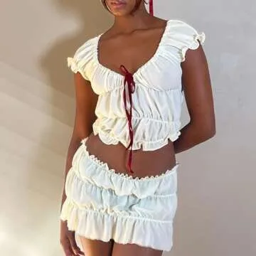 Argeousgor Women 2 Piece Skirt Sets Ruffle Short Sleeve Tie Up Crop Top Elastic Waist Pleated Mini Skirt Set Y2K Outfit Ruffled white s