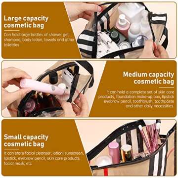 GOLIKEE 3Pcs Makeup Bags Stripes Cosmetic Bag Set Portable Transparent Waterproof Travel Organizer Multifunction Storage Bag Plaid Toiletry Bag for Women (Stripe)