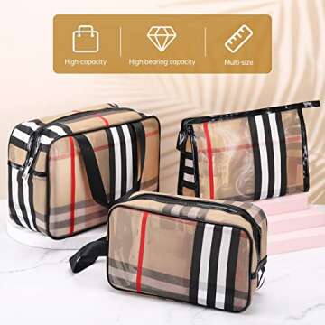GOLIKEE 3Pcs Makeup Bags Stripes Cosmetic Bag Set Portable Transparent Waterproof Travel Organizer Multifunction Storage Bag Plaid Toiletry Bag for Women (Stripe)