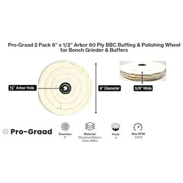 Pro-Graad 2 Pack 6” BBC Buffing Wheel, 60 Ply, Bleached Balloon Cloth 133x72 Thread Count, 1/2” ...