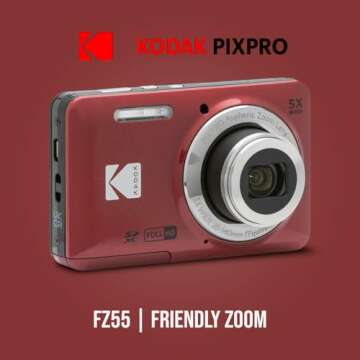 Kodak PIXPRO Friendly Zoom FZ55 Digital Camera (Red) Bundle with 32GB Memory Card and Digital Camera LCD Screen Protectors (3 Items)