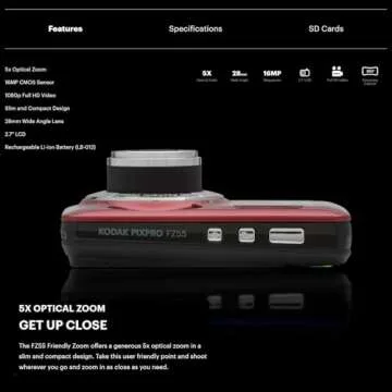 Kodak PIXPRO Friendly Zoom FZ55 Digital Camera (Red) Bundle with 32GB Memory Card and Digital Camera LCD Screen Protectors (3 Items)