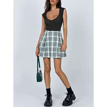 REORIA Women's Summer Sexy Casual V Neck Double Lined Seamless Sleeveless Slimming One Piece Leotards Going Out Trendy Tank Top Tees Thong Bodysuits Black Medium