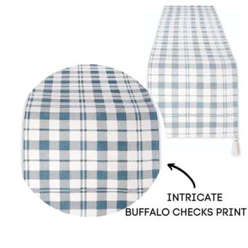 Folkulture Buffalo Check Table Runner with Tassels for Home Dining Table, Farmhouse Style Décor or Kitchen, 100% Cotton Linen Greyish-Blue Boho Table Runner, 14 x 108 inch Long